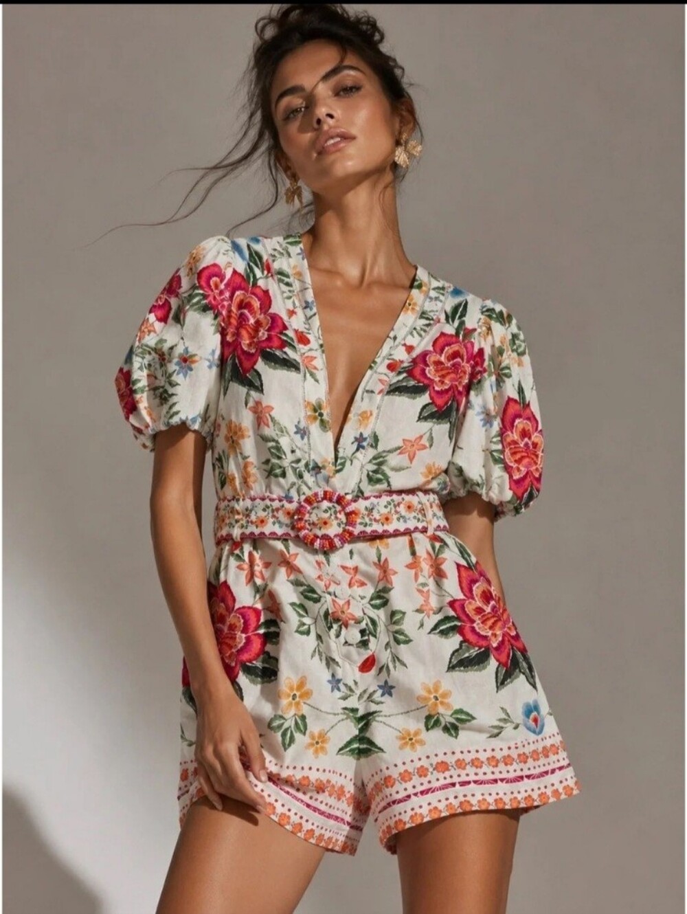 Caroline Constas Luxury Linen-Blend Belted Floral Romper – Size 8